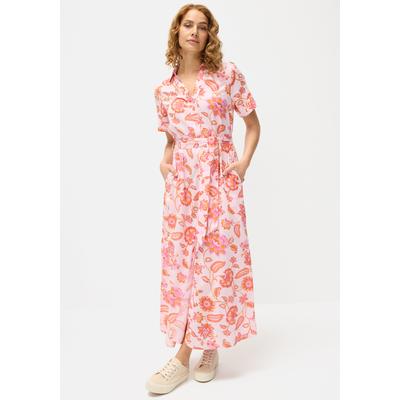 Hemdblusenkleid LASCANA, Damen, Gr. 42, N-Gr, pink (pink, orange), Web, Obermaterial: 58% Viskose, 28% Baumwolle, 14% Leinen, bedruckt, modisch, figurumspielend knöchellang, tiefer V-Ausschnitt, Kurzarm Aufschlag, Kleider, aus Leinenmischgewebe,... Image