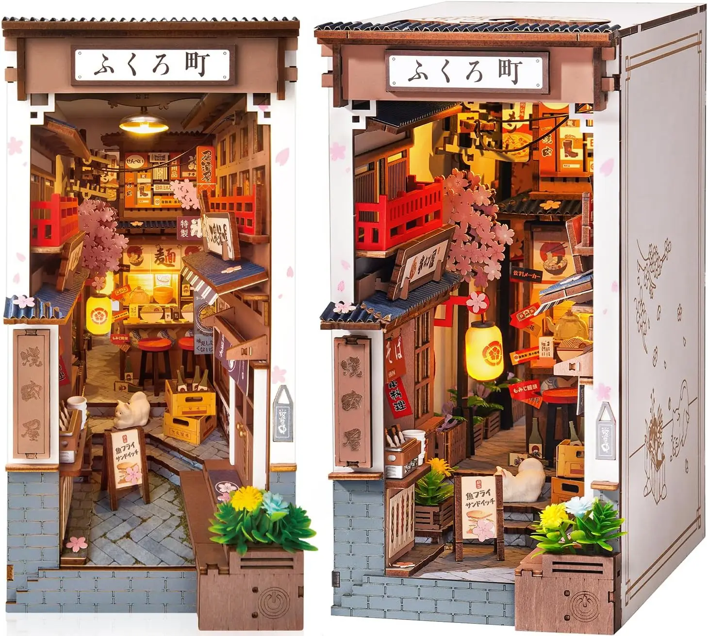 Robotime Sakura Wine Alley Libro fai-da-te con luci Kit casa delle bambole in miniatura fai-da-te Puzzle in legno 3D Fermalibri Scaffale Decor Regalo