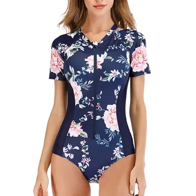 Women's One-piece Fashion Surf Short Sleeve Wetsuit With Chest Pad No Steel Bra Swimsuit Floral