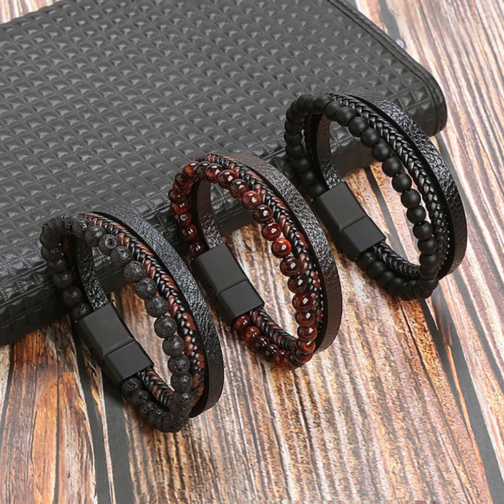 Bracciale in pelle intrecciata fatta a mano a strati di moda Bracciale con perline occhio di tigre Bracciale caratteristico punk nuovo stile