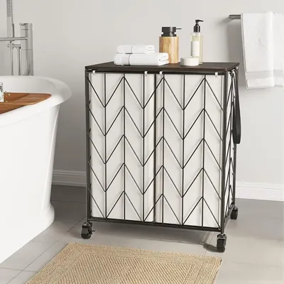 Heavy Duty Laundry Hamper with Wood Lid, with Divided Removable Liner Bag, Laundry Baskets