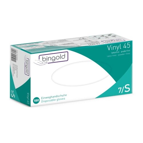 BINGOLD Vinyl 45 Einweghandschuhe Transparent puderfrei 100 Stück : S Image