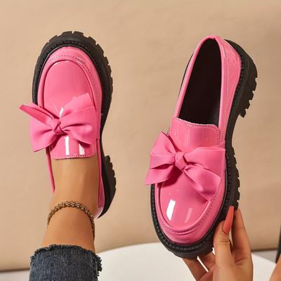 TEMU Women's Pink Loafers With Bow Detail - Casual Slip-on Shoes, Rubber Sole, Round Toe, , Stylish Loafer|bow Accent Shoes|rubber , Loafers Image
