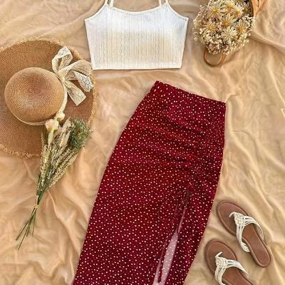 TEMU 2pcs Women's Burgundy Texture Camisole Top And Burgundy Heart Print Drawstring Split Skirt Outfit Yy0425292 Image