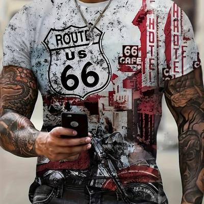 TEMU Men's 3d Route Graphic T-shirt - Casual Summer Style With Vintage Motorcycle & American , Soft Polyester Blend, Round Neck, Machine Washable Image