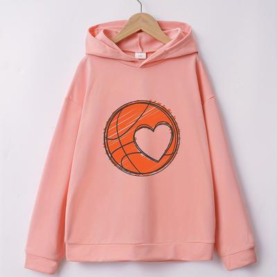 TEMU Basketball Heart Print Girls Hoodie, Pullover Long Sleeve Casual Sweatshirt Street Tops Image