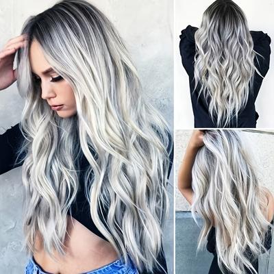 "TEMU Stylish 26" Grey Gradient Mid-part Wavy Synthetic Wig - Heat-resistant Curly Hair For Women, Elegant Curls For Everyday, Costume Parties & Holiday Events - Adjustable Cap, , Hair Wig" Image