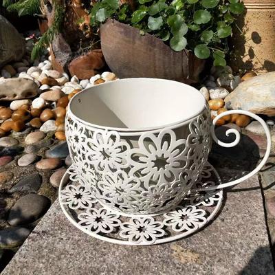 TEMU Rustic Iron Cup Flower Pot - Lightweight Circular Metal Planter With Decorative Handles, Indoor/outdoor Garden Balcony Table Decor For Succulents, Flowers & Plants Image