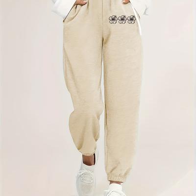 TEMU Women's Casual Polyester Knit Pants With Floral Pattern And Pockets For Fall/winter - Adult Regular Fit Stylish Trousers Image