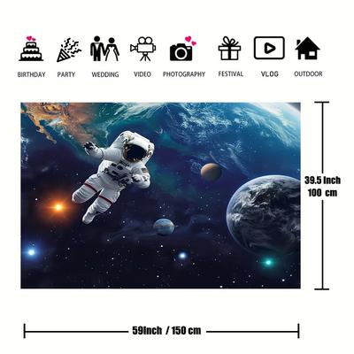 TEMU 1pc, Outer Space Rocket Astronaut Background Cosmic Planet Galaxy Birthday Party Cake Table Decoration Banner Photoshoot Background Photo Booth Props Image