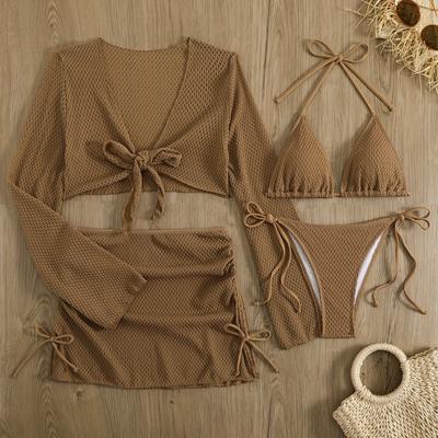 TEMU Lauvoco Women's 4pcs Bikini Set - V-neck Long Sleeve Swimsuit With Mesh Cover-up, Contrast Mesh Skirt, High Stretch Polyester Fabric, No Belt, Solid Color For Beach & Poo Image