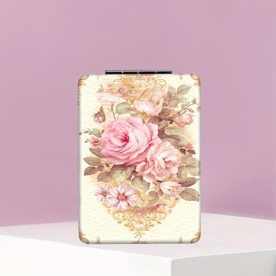 TEMU Floral Handheld Makeup Mirror - Compact Folding Design With Decorative Embroidery, Ideal Gift For Birthdays, Holidays, And Image