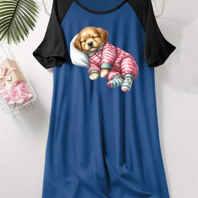 TEMU Sleeping Animal Puppy Print Off-shoulder Sleep Dress Round Neck Short Sleeve Casual Women's E21 Image