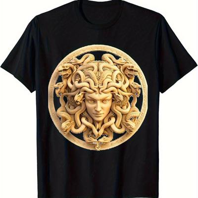 TEMU [ 100% Cotton Casual Crew Neck] Medusa Greek Mythology Print T-shirt, 100% Cotton, Casual Crew Neck, Medium Stretch, Knit Fabric, Regular Fit, For Adults, Summer Wear Image