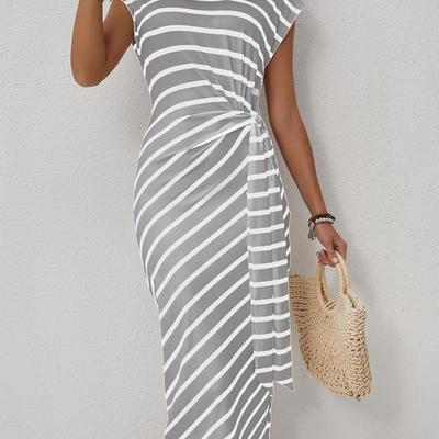 TEMU Elegant Striped Print Crew Neck Ruched Bodycon Dress - Polyester Knit Fabric With Elastane, Women's Midi Dress Image
