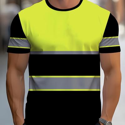 TEMU Men's High- Black & Yellow Workout T-shirt - Lightweight, Breathable Polyester, Casual Crew Neck, Short Sleeve With Striped Design, Gym Or Casual Attire, Workout Shirts Image