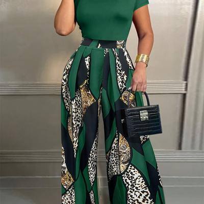 TEMU Short-sleeved High-elastic Bodycon Top + Printed Summer Wide-leg Pants With Elasticated Waist Design Image