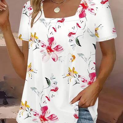 TEMU Women's Plus Size Elegant Floral Print T-shirt - Casual Square Neck, Short Sleeve, Soft Fabric, Wear, Ladies T Shirts Image