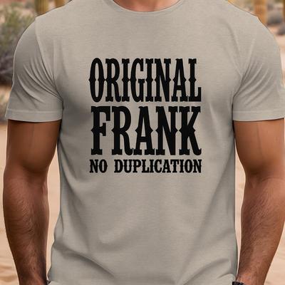 "TEMU Men's "original Frank No Duplications" Graphic Tee - Black Casual Crew Neck Short Sleeve T-shirt, Lightweight Summer Top With White Lettering, Casual Summer Wear | | Comfortable Fi" Image