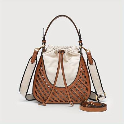 TEMU Woven Bucket Bag For Women - Stylish Crossbody & Shoulder Purse With Drawstring Closure, Removable Strap, And Polyester Lining, Travel And Everyday Use, Crossbody Bag Image