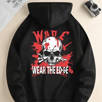 TEMU Men's Casual Skull Print Hoodie With Drawstring And Kangaroo Pocket - Polyester (95% Polyester, 5% Spandex), Stretch Knit Fabric, Regular Fit Hooded Sweatshirt With Alphabet Pattern Image