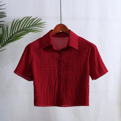 TEMU Women's Casual Red Short Sleeve Button-up Shirt - Machine Washable, Collared Design, Smooth Fabric, Spring/summer/fall, Seasonal Fashion | Solid Color Top | Fit Image