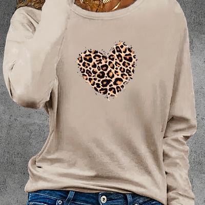 TEMU Women's Casual Long Sleeve Crew Neck T-shirt - Leopard Print Heart Graphic, Relaxed Fit, Machine Washable, Spring & Fall Essential Top, Ladies T Shirts, Comfortable Texture Image