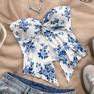 TEMU [] Women's Vacation Blue And White Floral Short Tube Top With Front Slits, Suitable For Afternoon Tea Image
