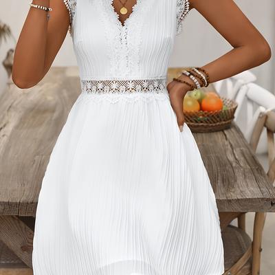 TEMU Elegant Pink V-neck Lace Trim A-line Dress For Women - Flutter Sleeve Ribbed Texture Mini Dress With Cinched Waist, Spring/summer Vacations, Summer Fashion, Quality Material Image