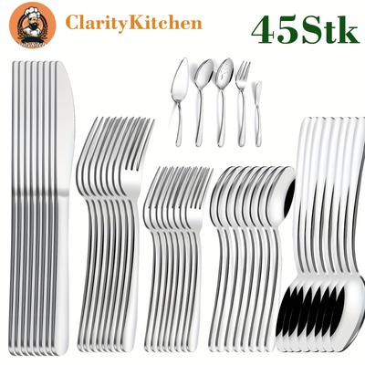 TEMU A Set Of 45 Elegant Stainless Steel Silveryware, Suitable For 8 People, With 5 Multi-functional Communal Utensils, Ideal For Use In Hotels, Restaurants, And Holiday Parties, The Image