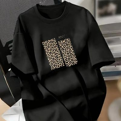 TEMU Women's Leopard Print Drop Shoulder T-shirt - Casual Crew Neck, Polyester Blend, Black With Stylish Graphic Design, Comfortable Knit Fabric For Casual Attire, Leopard Print Blouse Image