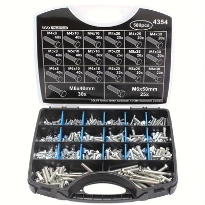 TEMU 580pcs Hex Bolt Set M4 M5 M6, 8-50mm, Din 933 Plated, Fully Threaded Hex Bolts Image