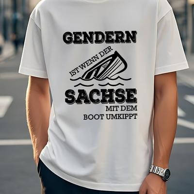 TEMU Men's Casual Short Sleeve T-shirt With German Text & Boat Graphic Print - White With Black Lettering, Round Neck, Machine Washable, Fit Image