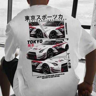 TEMU Men's Short Sleeve T-shirt Stretch Polyester Fabric White With Tokyo Sports Car Graphic Round Neck Tee Image