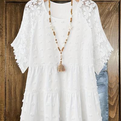 TEMU Plus Size Women's Elegant Lace Trim Short Sleeve Blouse - White Round Neck Machine Washable Casual & Formal Tops, Lace Blouse, Nontransparent Fabric Image