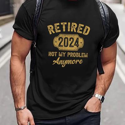 "TEMU Men's Casual Crew Neck T-shirt, 100% Polyester Short Sleeve, Regular Fit, Knit Fabric, Medium Stretch, Summer Top With "retired 2024" Print For - , 150gsm" Image