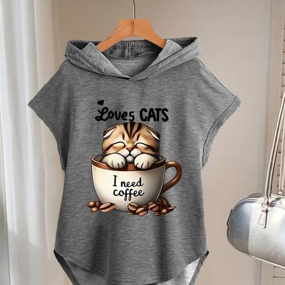 "TEMU Women's Casual " Cats, I " Graphic Hoodie - Black Short Sleeve Pullover With Cartoon Cat & , Spring/summer Fashion, Coffee Lover Gift| |lightweight Hoodie" Image
