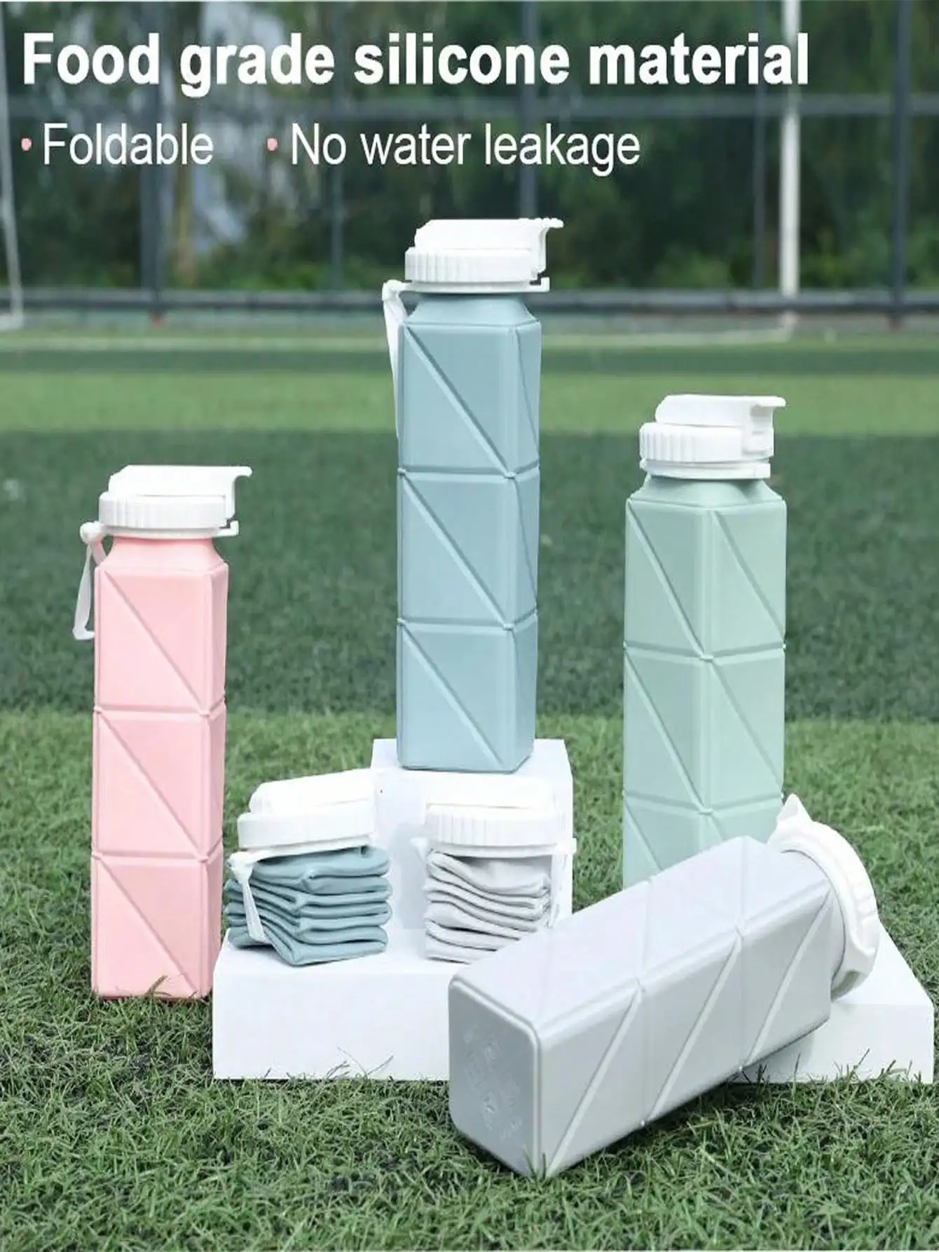 1 Stück 620 ml quadratische Silikon-Klappbecher, tragbare Sportwasserflasche in Lebensmittelqualität, einziehbar, für Fitnessstudio, Camping, Wandern, Reisen Image