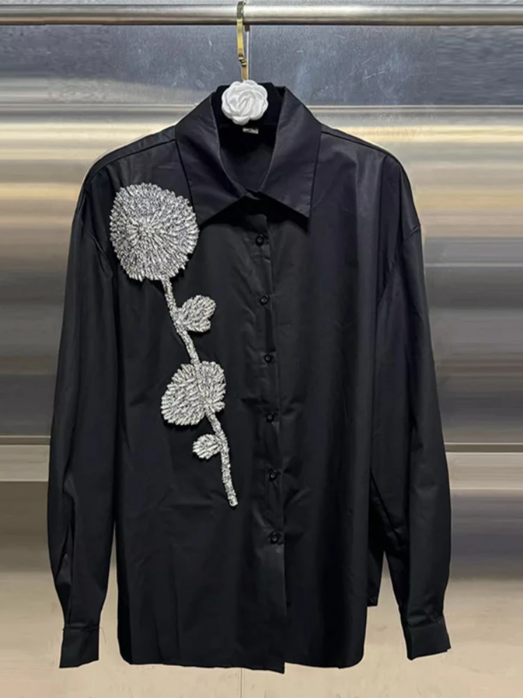 Diamonds Beaded Sequined Stitch Buttons Up Blouses Shirts Women's Long Sleeve Black White Shirt Top Woman Clothing