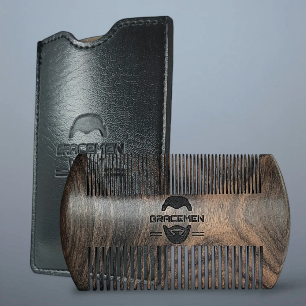 Gracemen Holz-Bartkamm, doppelseitig, Sandelholz-Haar-Schnurrbart-Kamm mit PU-Ledertasche für Männer Image