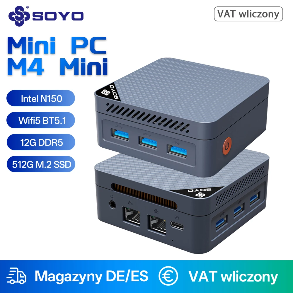 SOYO Mini PC M4 Mini Intel Twin Lake-N150 CPU 12 GB DDR5 4800 MHz M.2 2242 512 GB SSD WiFi5.0 BT5.1 USB3.2 Typ-C tragbarer Computer