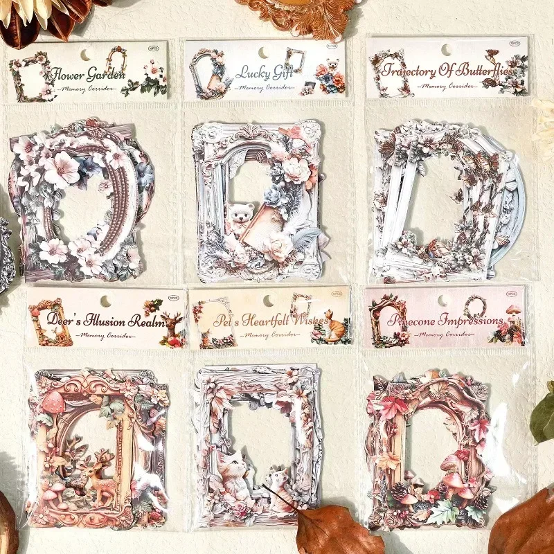 10 Stück Collage-Aufkleber-Paket, Fotorahmen, Vintage-Scrapbook-Schnitt, Handbuch, Erinnerung, Korridor, Dekoration, geprägtes Blumenmuster, 150 x 100 mm Image