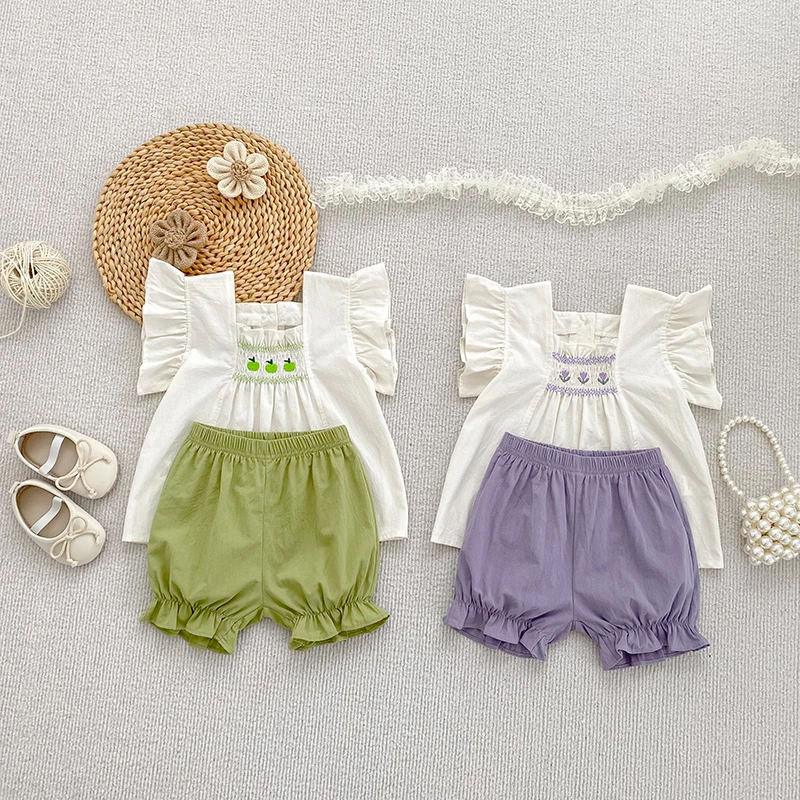 Pastorale Mädchen Baby Gestickte Blumen Set Hemd + PP Shorts 2PCS Tulpe Säuglings Anzüge Kleinkind Neugeborene Kleidung Anzüge baby Kleidung Image