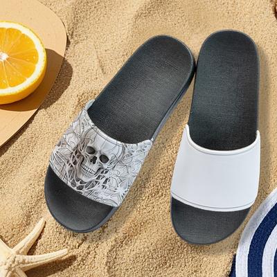Men's Skull Print Slide Sandals – Lightweight Non-Slip Beach Slippers for Casual Summer Wear, Poolside or Seaside Vacation