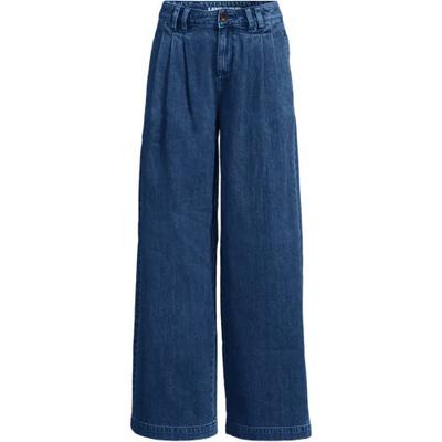 Lightweight Wide Leg Pleated Jeans, Women, size: 14, petite, Blue, Cotton, by Lands' End
