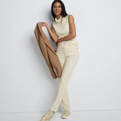 Straight Leg Jeans, Mid Rise, Women, size: 12 28, petite, Ivory, Spandex/Cotton-blend/Poly-blend, by Lands' End