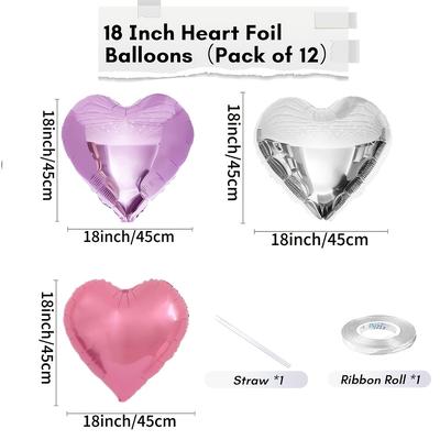 TEMU 12pcs Light Purple Pink Silvery Heart Shaped Aluminum Film Balloons For Valentine's Day, Engagement, Proposal, Anniversary, Wedding, Wedding Room Decoration, Anniversary Celebration Supplies Image