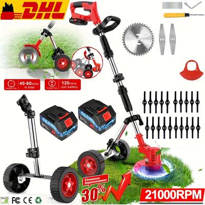 TEMU Electric Cordless With Wheels, Battery Powered 2000mah 21v, 3in 1 Lightweight Grass Trimmer String Trimmer Brush Cutter Mower, Trimmer Edger W/23pcs Blade 2pcs Battery Image