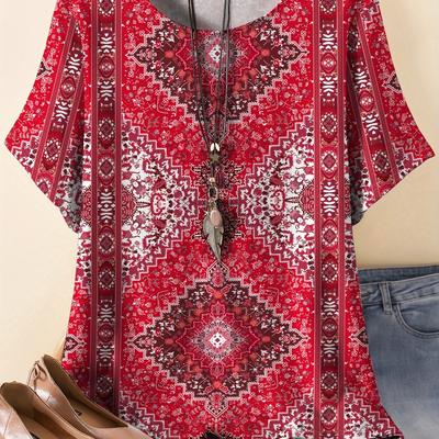 TEMU [customer ] Plus Size Boho Chic Diamond Print T-shirt - Casual & Comfy Round Neck Short Sleeve Top For Women, Stretchy Polyester Blend, Machine Washable Image