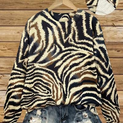TEMU Women's Elegant Zebra Print Long Sleeve Pullover Sweater - Black & , Round Neck Regular Fit, Hand Washable Fall Top For Casual & Semi-formal Outfits, Autumn Wardrobe, Durable Construction Image